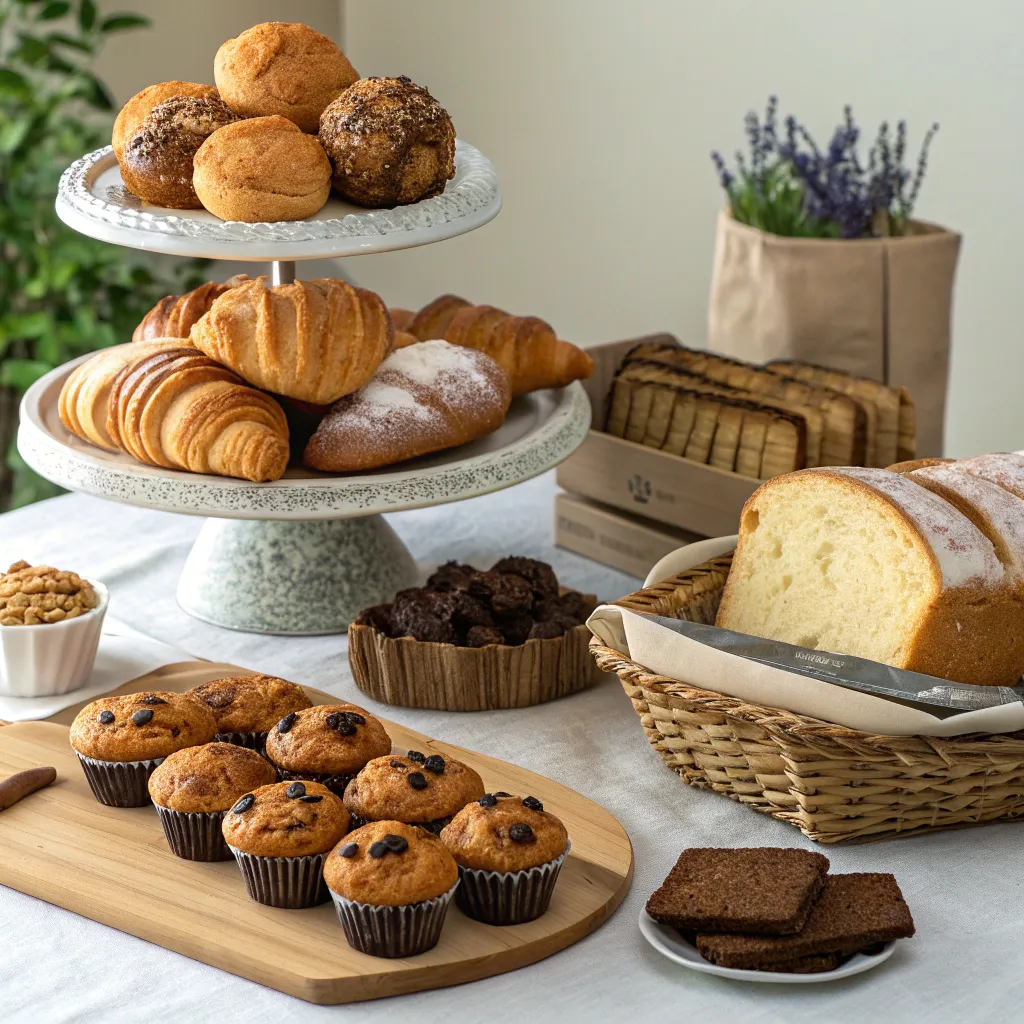 Assorted baked goods displayed on a table