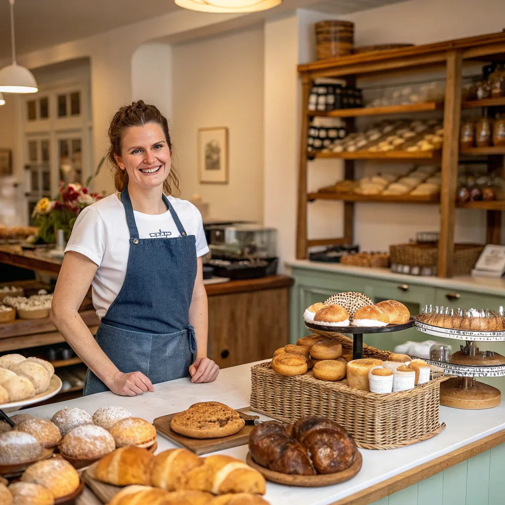 Emily Harrison at her bakery with freshly baked goods