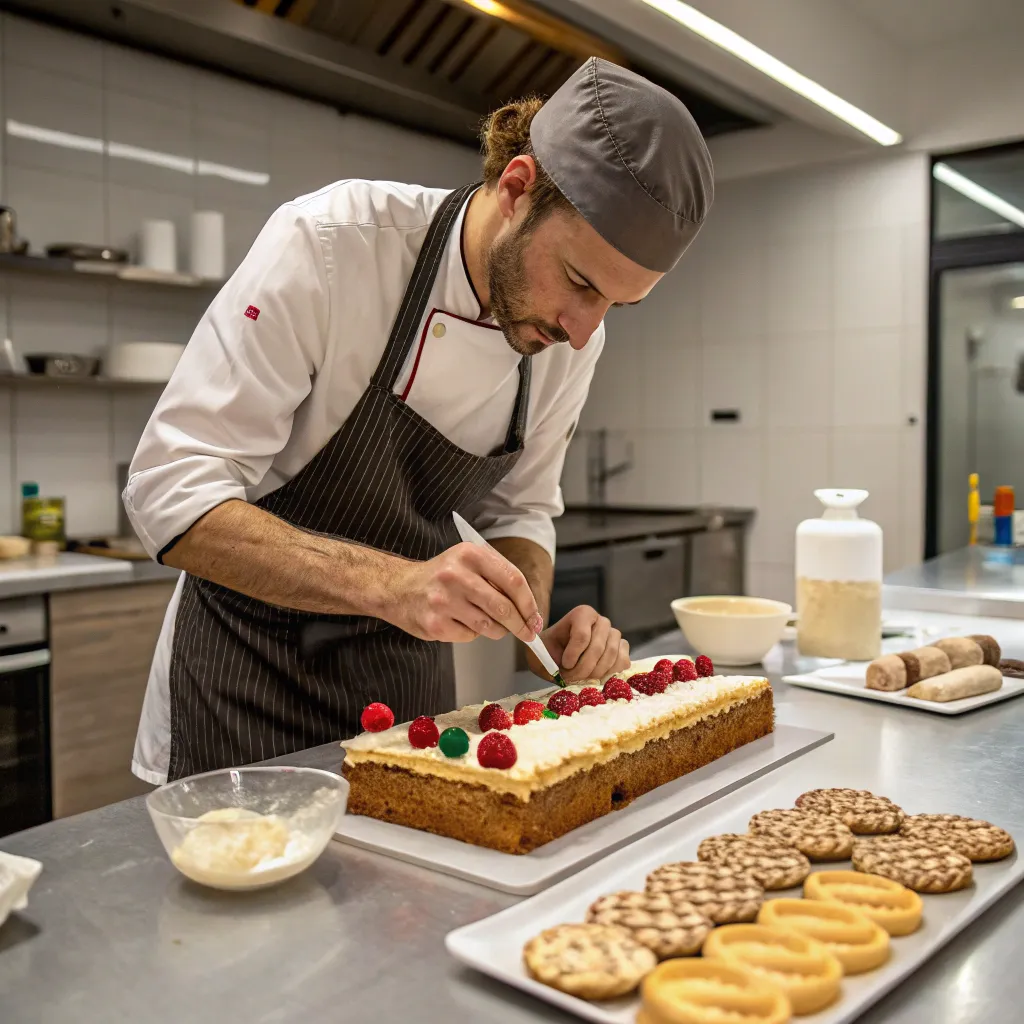 Focused baker creating a piece of art in a professional kitchen